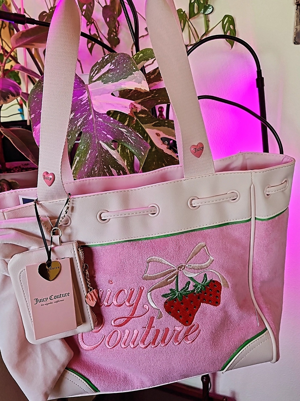Juicy Couture Pink Strawberry Embroidered Tote with Cream Trim